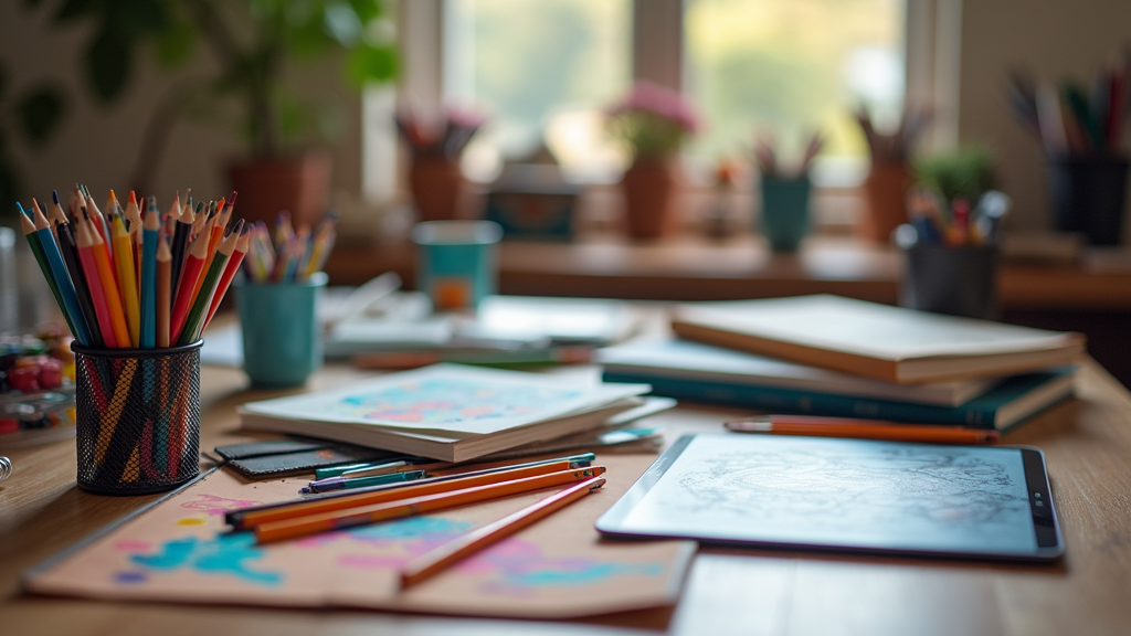 Fan art supplies and creative desk setup