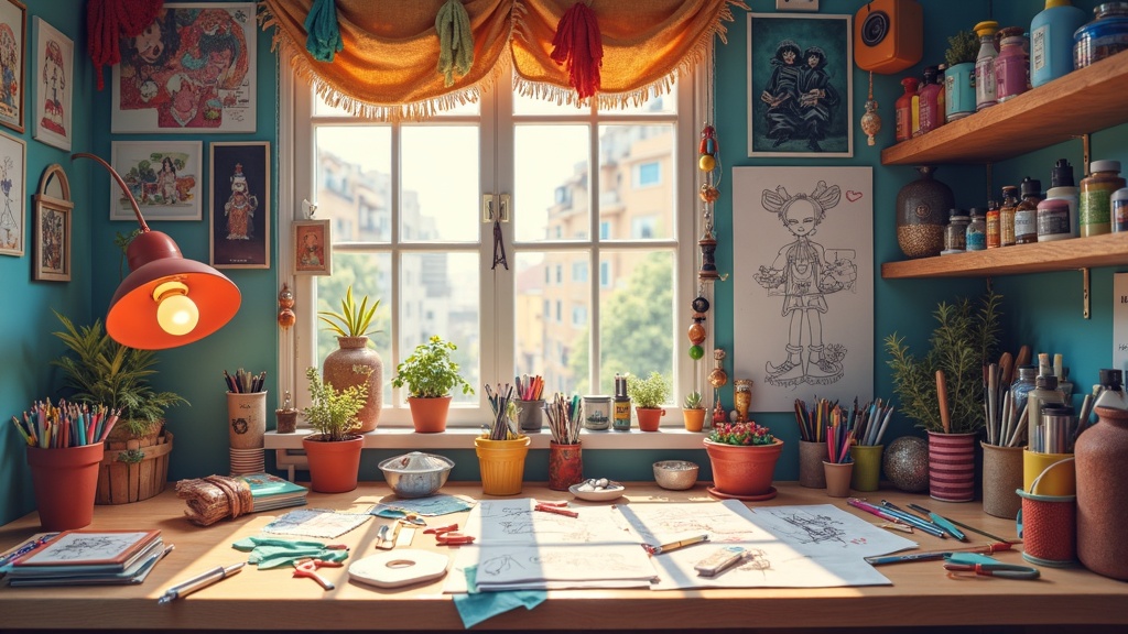 Colorful art studio table with drawing and painting supplies, sketchbooks open to lively character designs